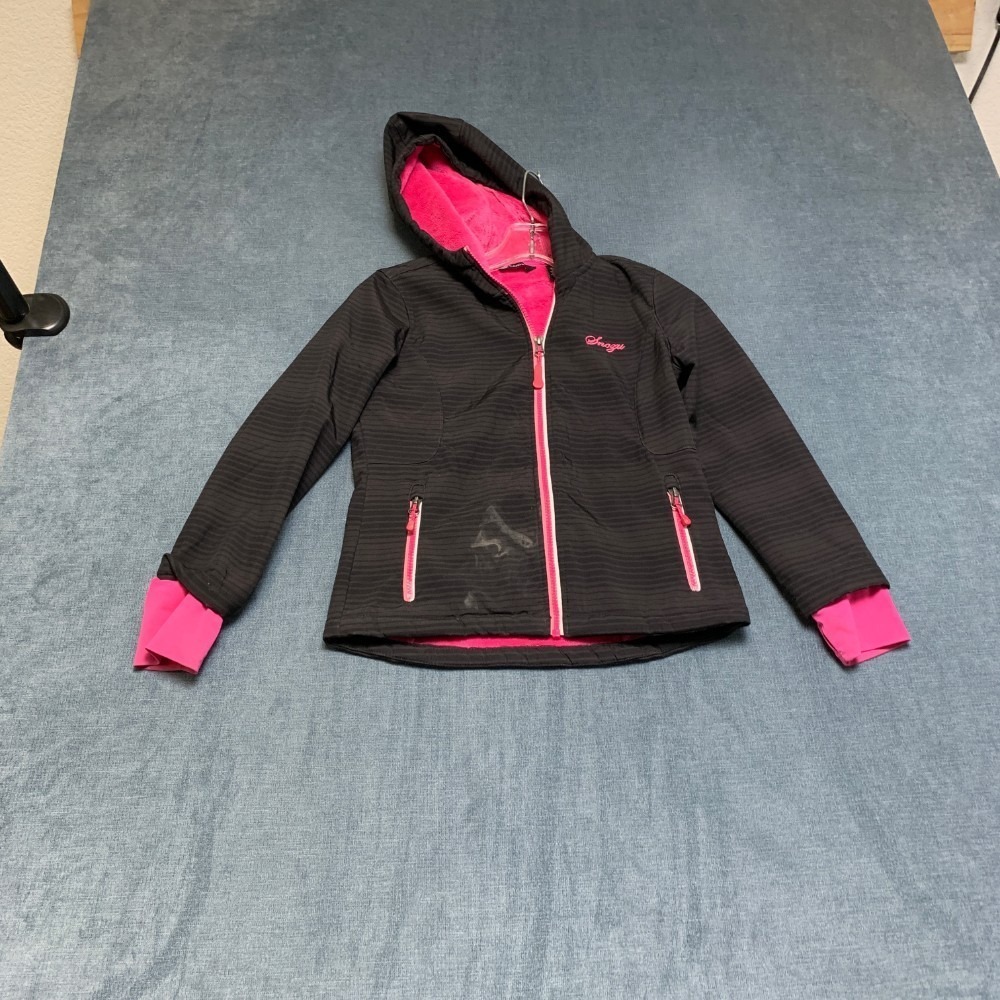 Snozu Softshell Jacket Girls S 7-8 Black Pink Sherpa Lined Hooded Thumb Holes